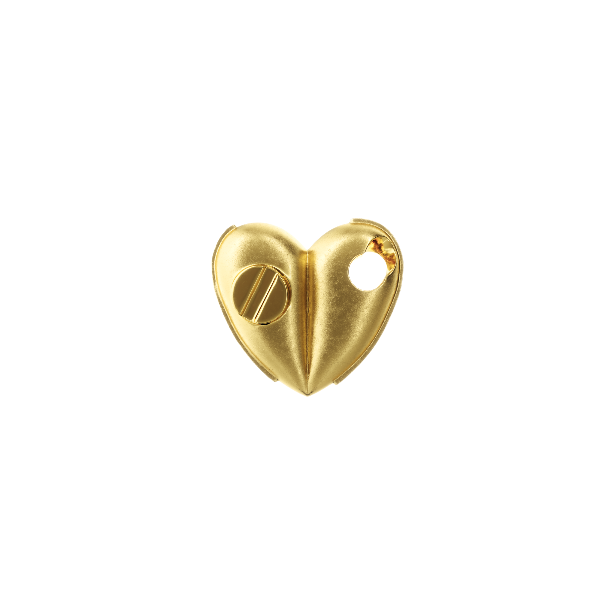 A detail of Bullet Hole Heart Pendant with Screws Mini in Yellow Gold
